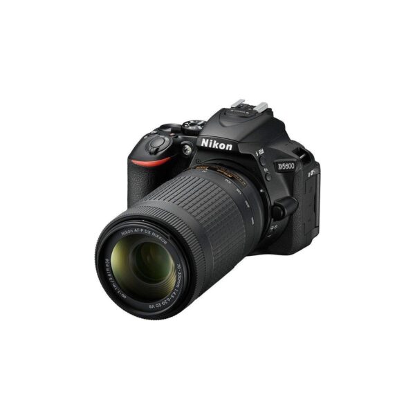_0000_d5600_doublezoom Nikon D5600 DSLR camera with AF-P 18-55 VR and AF-P 70-300 VR lenses, shot in black with a white background slightly to the left.