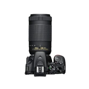 _0000_d5600_doublezoom Top view of a black Nikon D5600 with AF-P 70-300 VR zoom lens attached, showing controls, buttons and part of the lens.