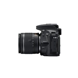 _0000_d5600_doublezoom Side view of the Nikon D5600 with AF-P 18-55 VR zoom lens, showing the control buttons and ports on the camera body. The camera is shown isolated against a white background.