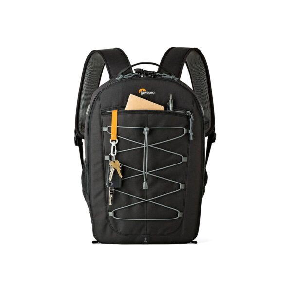 The Lowepro Photo Classic BP 300 AW - Black is a black backpack with a front zip tie, zipped pockets and mesh straps. The front pocket has keys and a small notebook. Illustrated against a white background.