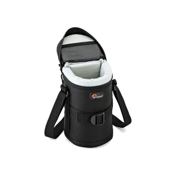 Lowepro_Lens_Case_9x16_003 The Lowepro Lens Case 9 x 16cm is a black, cylindrical case with shoulder strap, open padded lid with mesh pocket and white inner lining.