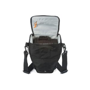 The Lowepro Toploader Zoom 50 AW II is a black camera bag with a light grey inner lining, which opens to reveal the camera inside. The bag has a top flap and a shoulder strap for easy carrying.