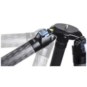 A close-up of the Sirui R-4213X carbon fibre tripod shows its adjustable leg angles, textured carbon fibre feet, flat bubble and tripod head mounting screw.