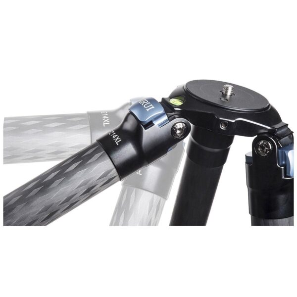 A close-up of the Sirui R-4213X carbon fibre tripod shows its adjustable leg angles, textured carbon fibre feet, flat bubble and tripod head mounting screw.