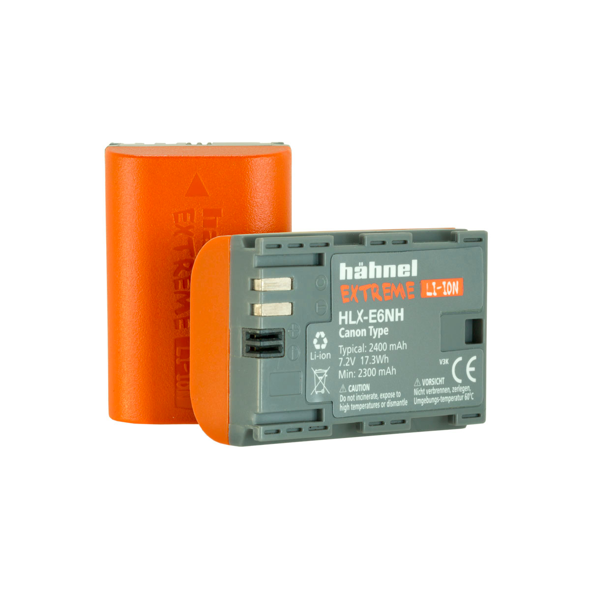 Kuvassa on kaksi Hähnel Extreme HLX-E6NH 2400mAh (Canon LP-E6NH) -akkua - toisessa näkyy oranssi takaosa ja toisessa harmaa etiketti, jossa on muun muassa 7,2 V ja 2400mAh.
