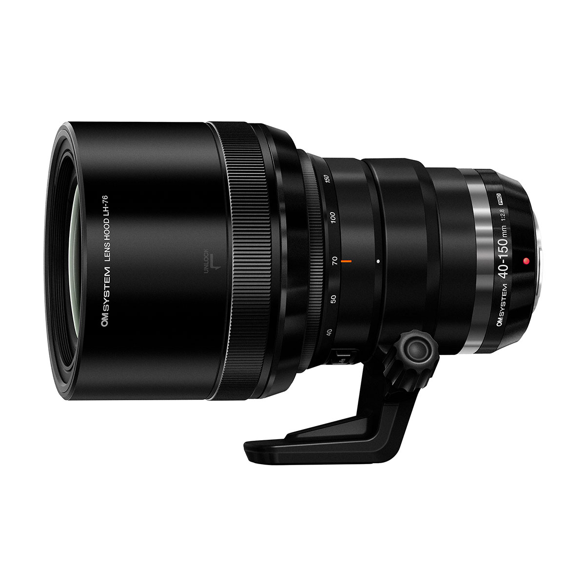 Musta OM System M.Zuiko Digital ED 40-150mm f/2.8 PRO -objektiivi jalustapannalla, sivukuva valkoista taustaa vasten. 200€ Cashback tarjous.
