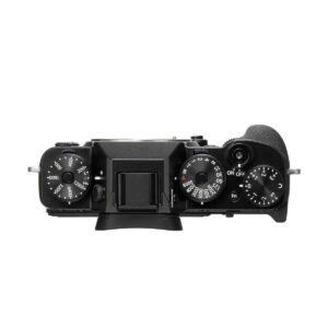 Fujifilm X-T2 -digitaalikameran ylhäältä katsottuna säätimet ja painikkeet suljinnopeudelle, ISO:lle, valotuksen kompensoinnille, on/off-kytkin ja keskimmäinen kuumakenkäkiinnitys.