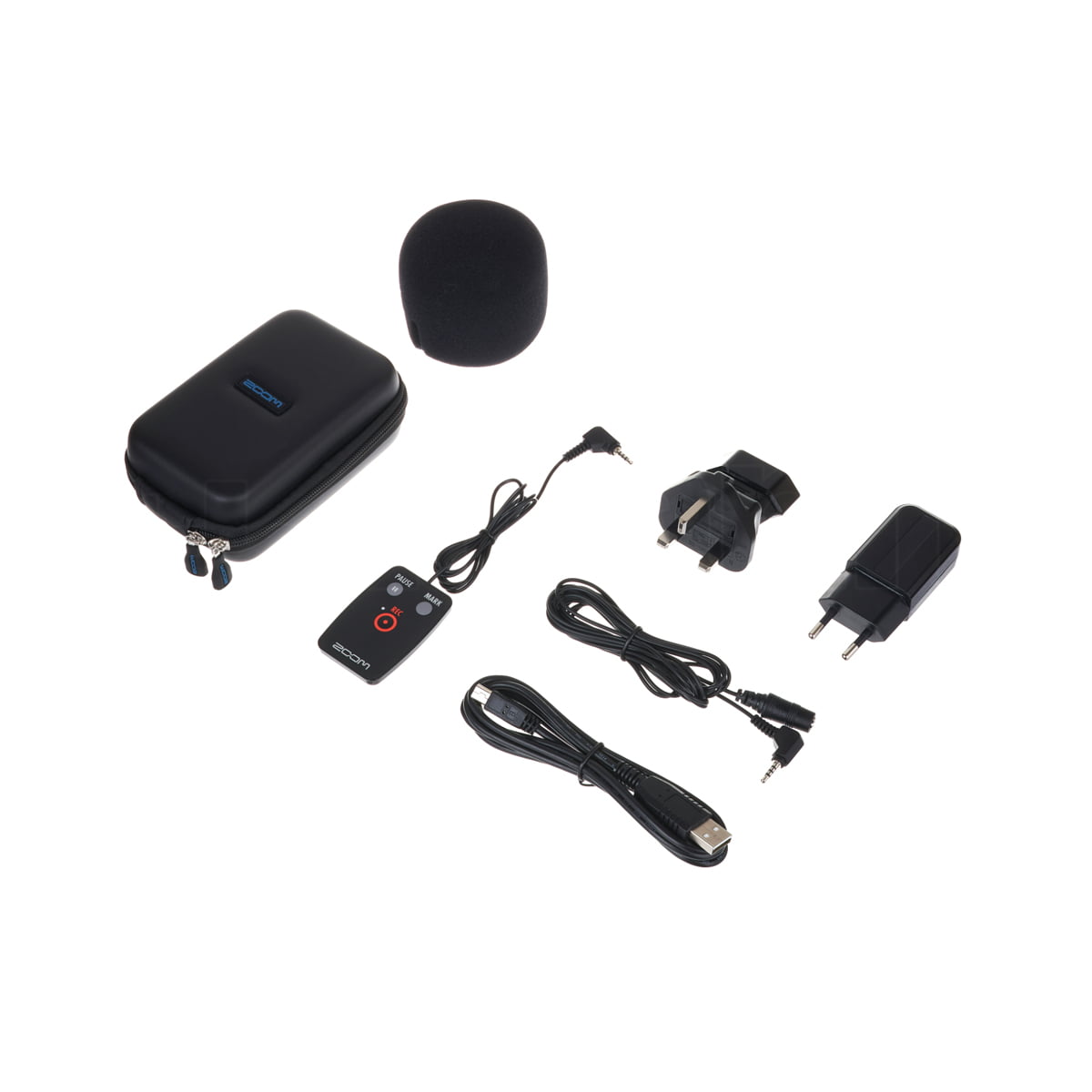 The Zoom APH2n kit for the H2n includes a black zippered case, foam windscreen, remote control, USB cable, 3.5mm audio cable and two adaptors - all shown in white.