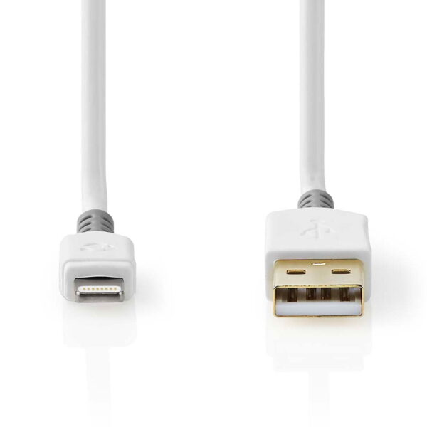 Nedis Apple Lightning - USB A, 1m cable is a white cable with USB A and Lightning connectors, both facing forward on a white background.