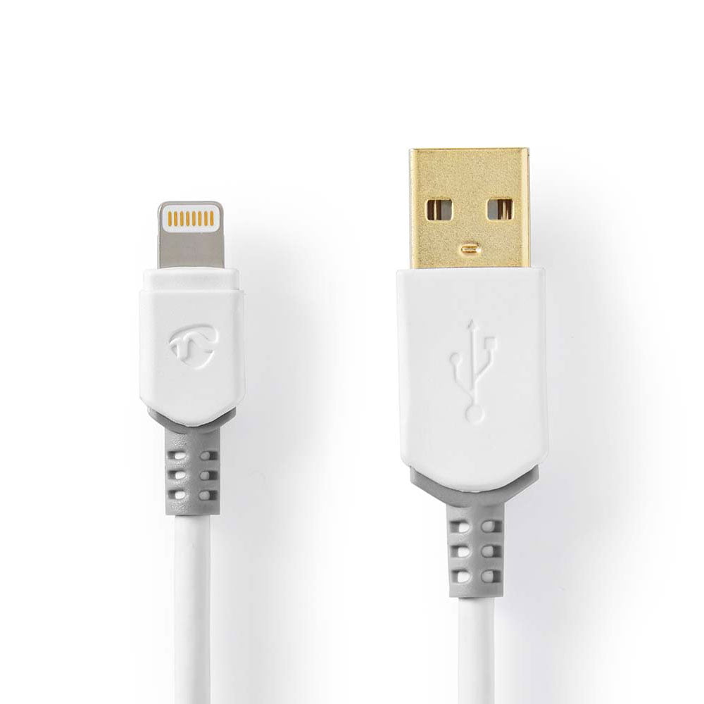 Nedis Apple Lightning - USB A, 1m kaapeli on valkoinen kaapeli, jossa on USB-A- ja Lightning-liittimet ja harmaa vahvistettu muovi päiden lähellä valkoista taustaa vasten.
