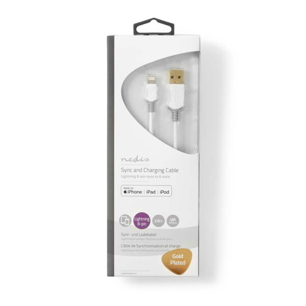 White Nedis Apple Lightning to USB A cable in a retail box with USB A to Lightning connectors, 1 meter length and compatibility with iPhone, iPad and iPod.