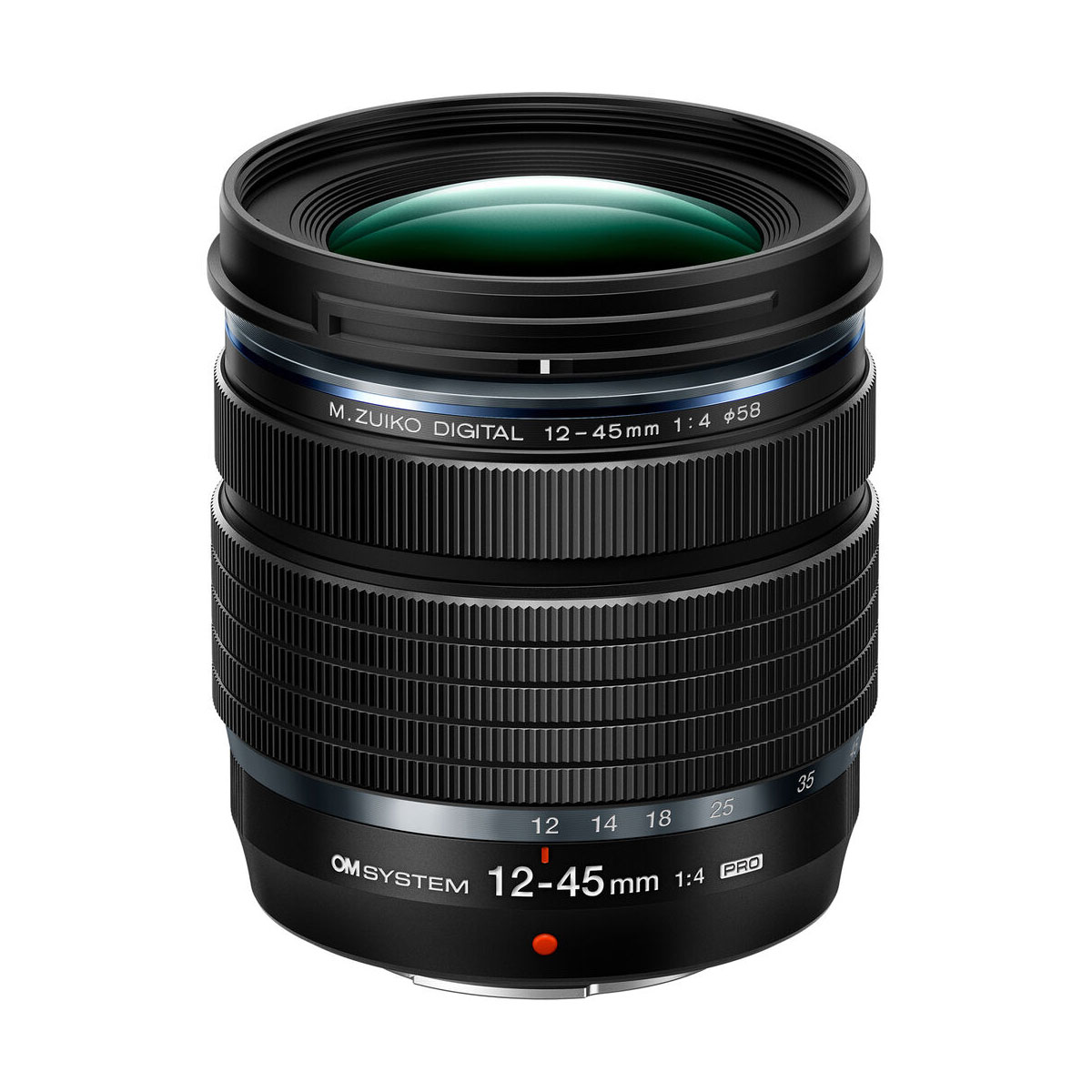 Musta OM System M.zuiko Digital 12-45mm f/4 Pro -objektiivi -objektiivi, jossa on kuvioitu kahva, sininen aksenttirengas ja selkeä valkoinen ja oranssi merkintä valkoisella pohjalla.