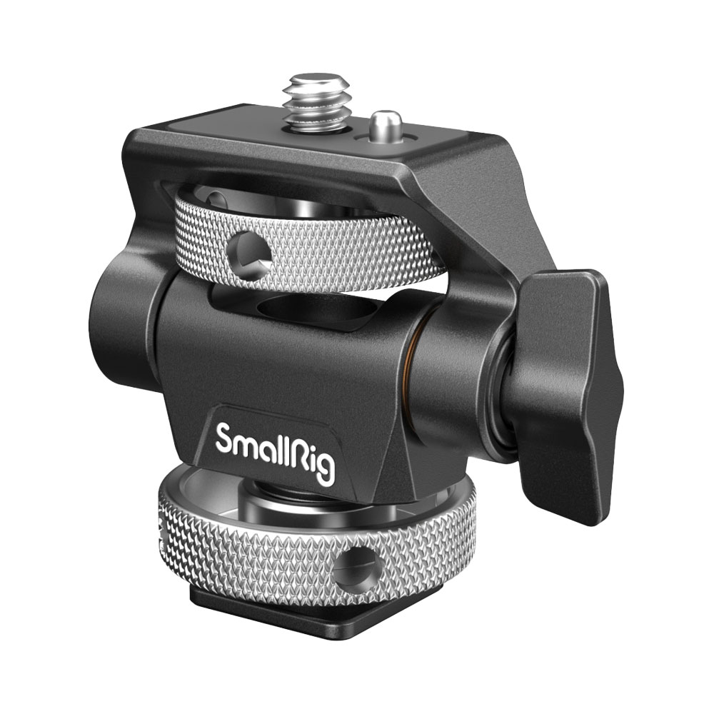 smallrig_2905B_01 SmallRig 2905 Swivel and Tilt Adjustable Monitor Mount Cold Shoe-Mount on musta-hopea kameran lisävaruste, jossa on nuppi ja kiinnitysruuvi ja joka on suunniteltu monitorien tai valojen kiinnittämiseen kameroihin.