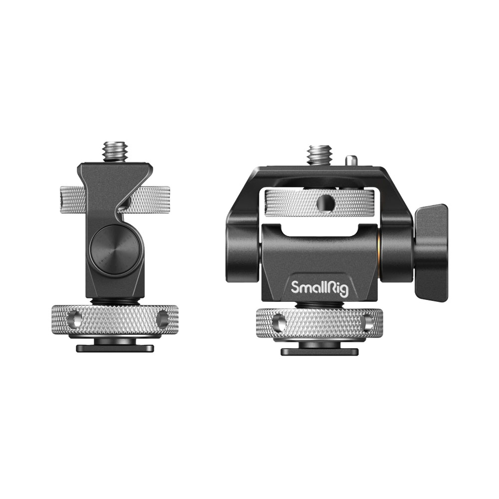 smallrig_2905B_02 Kaksi näkymää SmallRig 2905 Swivel and Tilt Adjustable Monitor Mount Cold Shoe -kiinnikkeestä, jossa on nupitetut kiristysnupit, kierreruuvi yläosassa ja cold shoe -adapterit, sivulta ja edestä kuvattuna.