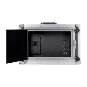 A silver and black hard case with an open lid revealing a black foam interior, an empty monitor bracket and several HDMI ports on the right side. Designed for secure transport and connection of the Feelworld F5 PRO V4 6" monitor.