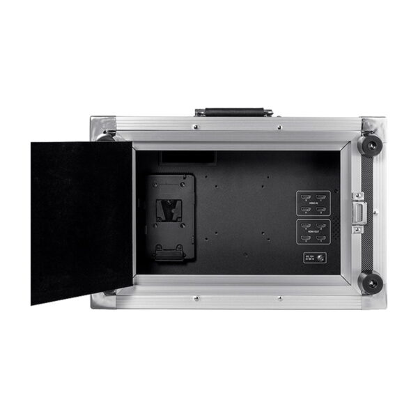 A silver and black hard case with an open lid revealing a black foam interior, an empty monitor bracket and several HDMI ports on the right side. Designed for secure transport and connection of the Feelworld F5 PRO V4 6" monitor.