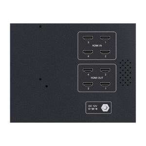 Close-up of the Feelworld F5 PRO V4 6" display panel with four HDMI inputs, four HDMI outputs, 12 V DC power supply and ventilation slots on a dark surface.