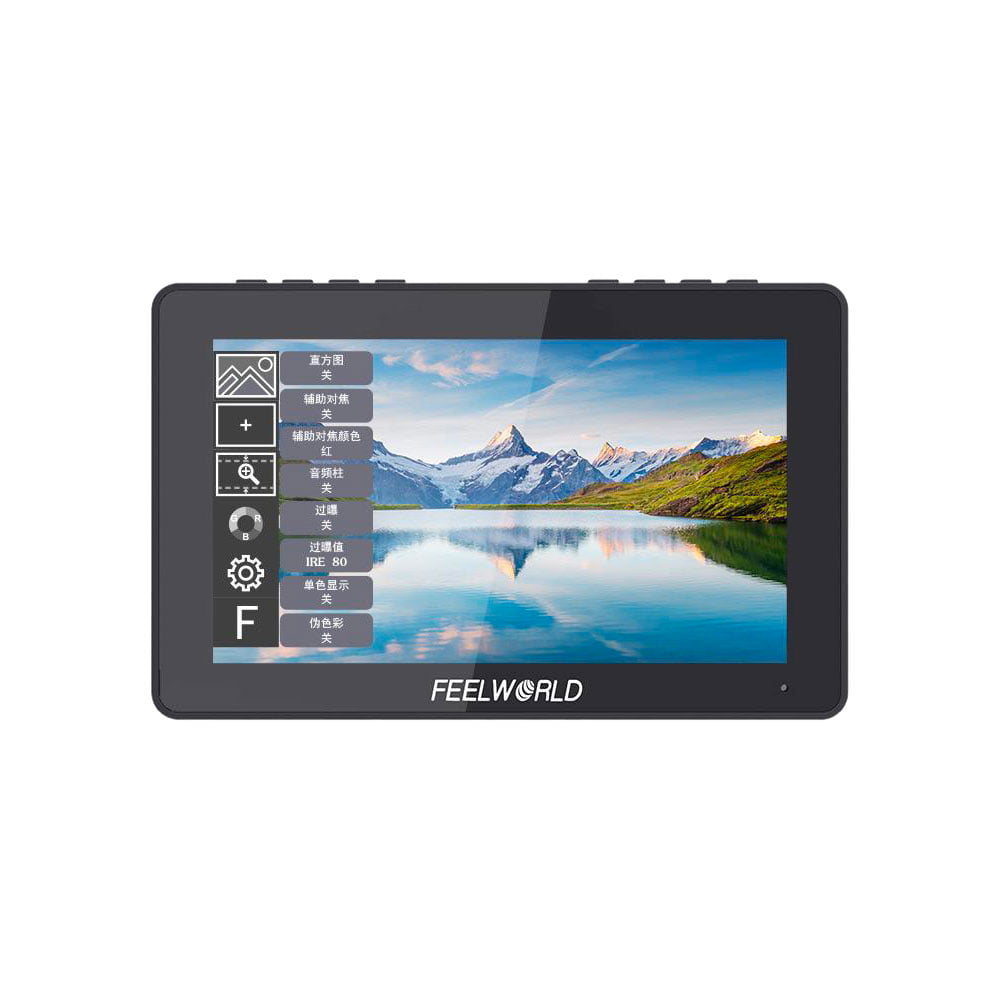 Feelworld F5 PRO V4 6" -monitori näyttää maisemakuvan järveen heijastuvista lumihuippuisista vuorista, ja näytön vasemmalla puolella näkyy kiinalainen käyttöliittymä ja asetuskuvakkeet.