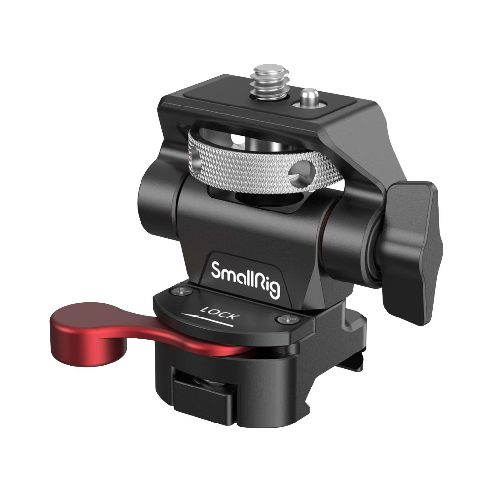 The SmallRig 2906 Swivel and Tilt Adjustable Monitor Mount NATO-Mount is a black and silver adapter with red locking lever, adjustment knob and top screw thread designed to securely mount monitors or accessories.