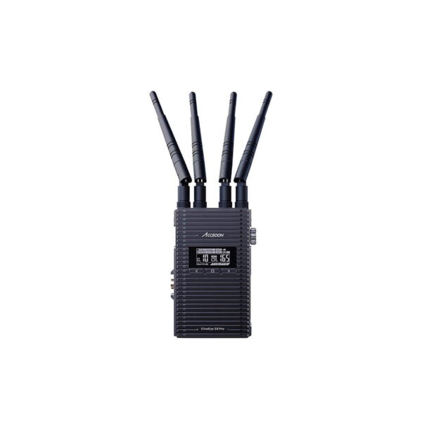 Accsoon CineEye 2S PRO 2.4 & 5GHz WiFi-lähetin SDI / HDMI, musta, neljällä antennilla ja digitaalisella näytöllä, on kuvassa pystyssä valkoista taustaa vasten.