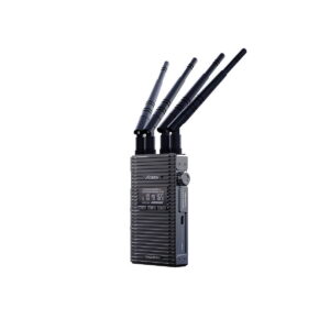 Accsoon CineEye 2S PRO 2.4 & 5GHz WiFi Transmitter SDI / HDMI on musta langaton laite, jossa on harjattu pinta, kolme yläantennia, näyttö, ohjauspainikkeet ja sivussa oleva kiertonuppi valkoista taustaa vasten.