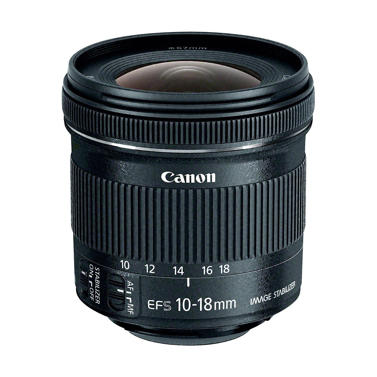 Canon EF-S 10-18mm f/4.5-5.6 IS STM -objektiivissa on kuvanvakain, zoomaus- ja tarkennusrenkaat, AF/MF- ja vakaajakytkimet sekä merkitty polttoväli, kaikki tyylikkäässä mustassa rungossa.