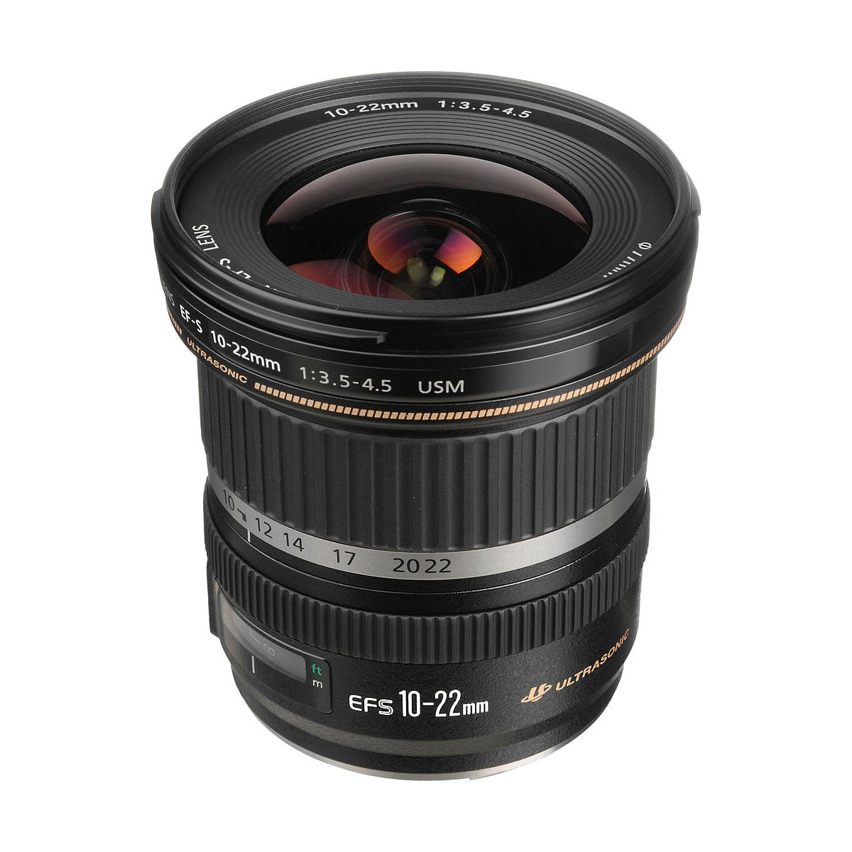 The Canon EF-S 10-22mm f/3.5-4.5 USM lens is upright against a white background.