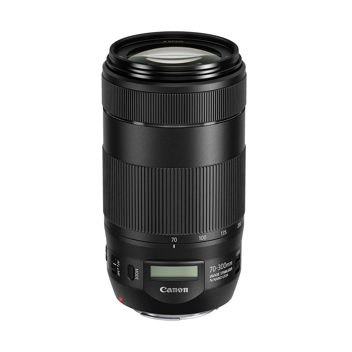 The Canon EF 70-300mm f/4-5.6 IS II USM lens, in black with a textured grip, LCD screen and focus and zoom indicators, stands upright against a white background.