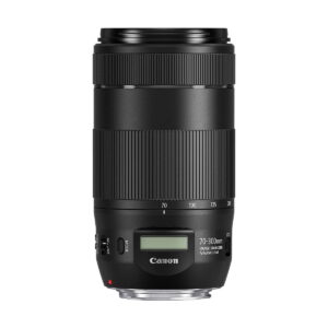 The Canon EF 70-300mm f/4-5.6 IS II USM is a black camera lens with image stabilizer and digital display, shown against a white background.