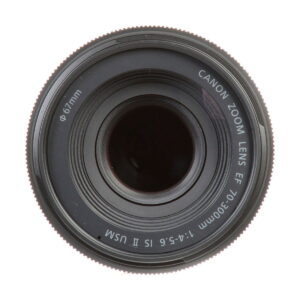 A close-up of the Canon EF 70-300mm f/4-5.6 IS II USM lens from top to bottom clearly shows the glass, lens markings and the size of the 67mm filter element around the edge.