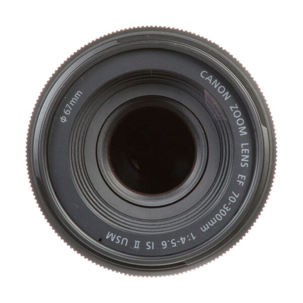 A close-up of the Canon EF 70-300mm f/4-5.6 IS II USM lens from top to bottom clearly shows the glass, lens markings and the size of the 67mm filter element around the edge.
