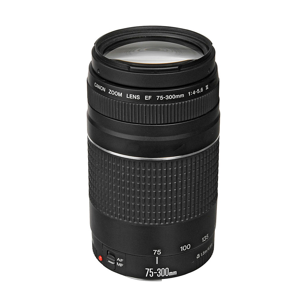 Musta Canon EF 75-300mm f/4-5.6 III -objektiivi seisoo pystyasennossa valkoisella taustalla, ja sen tarkennusrengas ja zoomausrengas sekä näkyvät objektiivin merkinnät ovat näkyvissä.