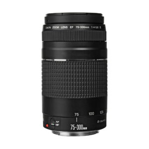 Musta Canon EF 75-300mm f/4-5.6 III -objektiivi on pystyssä, ja siinä on kuvioitu kahva, zoomausalueen merkinnät ja automaattitarkennuksen/manuaalitarkennuksen kytkin.