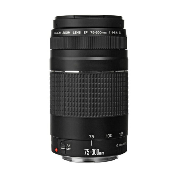 Musta Canon EF 75-300mm f/4-5.6 III -objektiivi on pystyssä, ja siinä on kuvioitu kahva, zoomausalueen merkinnät ja automaattitarkennuksen/manuaalitarkennuksen kytkin.