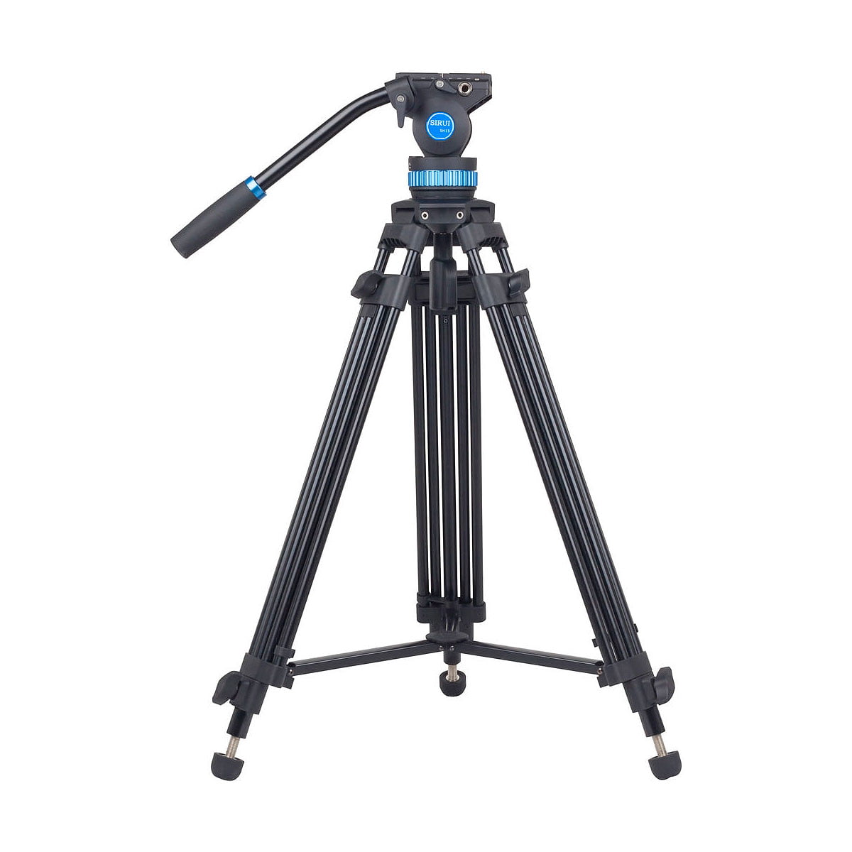 The Sirui SH-15 video tripod, with black and blue accents, has adjustable feet and a handle for smooth panning and is displayed on a white background.
