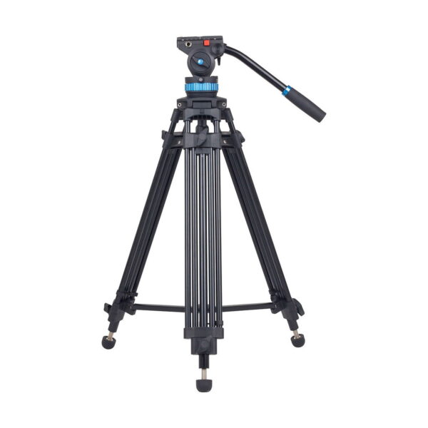 The black Sirui SH-15 video tripod has adjustable feet, a central spreader and a running pan and tilt head with long handle, all displayed against a white background.