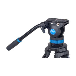 The Sirui SH-15 video tripod features a black and blue liquid head with a tripod-mounted panoramic grip designed for smooth camera movement during video production.