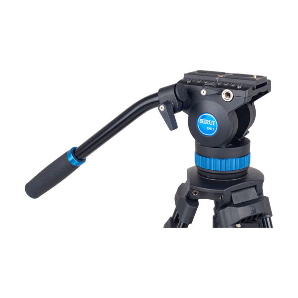 The Sirui SH-15 video tripod features a black and blue liquid head with a tripod-mounted panoramic grip designed for smooth camera movement during video production.