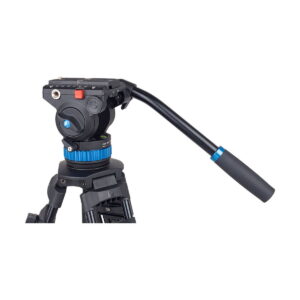 Close-up of the Sirui SH-15 video tripod head with black finish, long handle, blue control ring and several control knobs, mounted on a tripod.