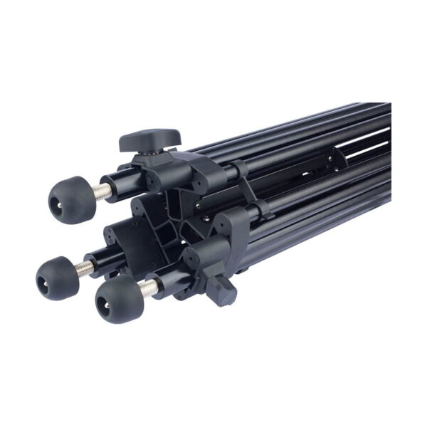 Close-up of the Sirui SH-15 Video Tripod folded with three rubber feet and metal control knobs, highlighting its compact and sturdy design against a white background.