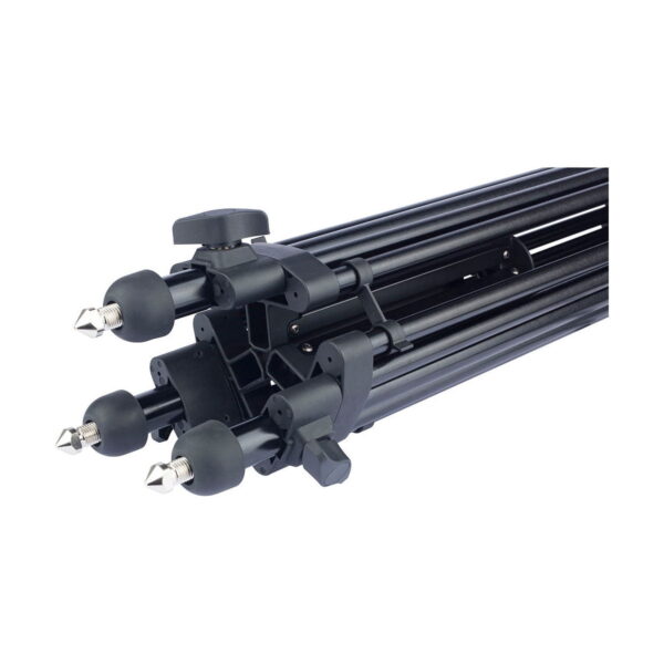 Close-up of the Sirui SH-15 video tripod's folded legs and spike feet, locking mechanisms and control knob against a white background.