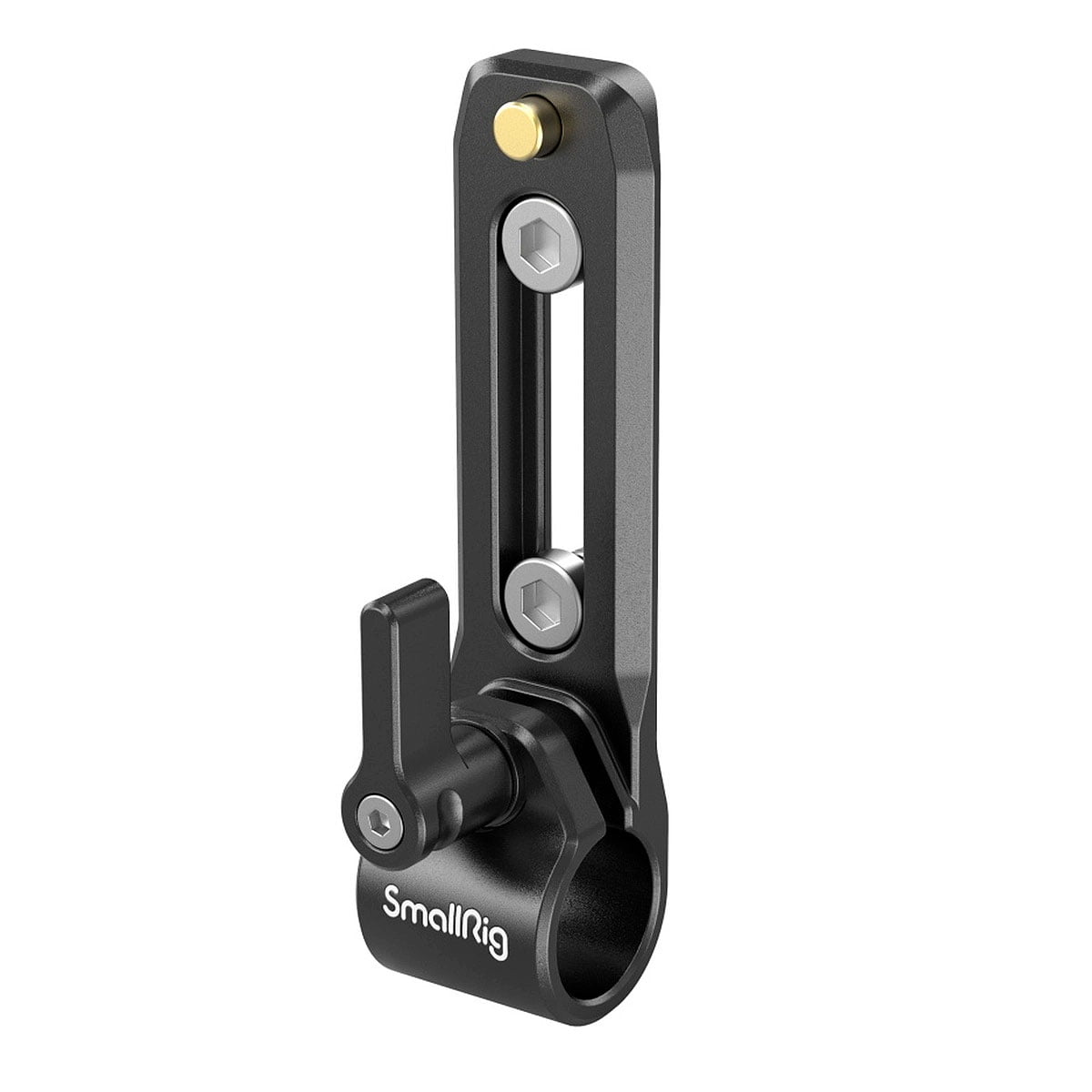 SmallRig 3011 Rod Clamp with NATO Rail is a black metal clamp with two hex bolts, gold accent, adjustable lever, vertical hole for height adjustment and round clamp at the bottom.