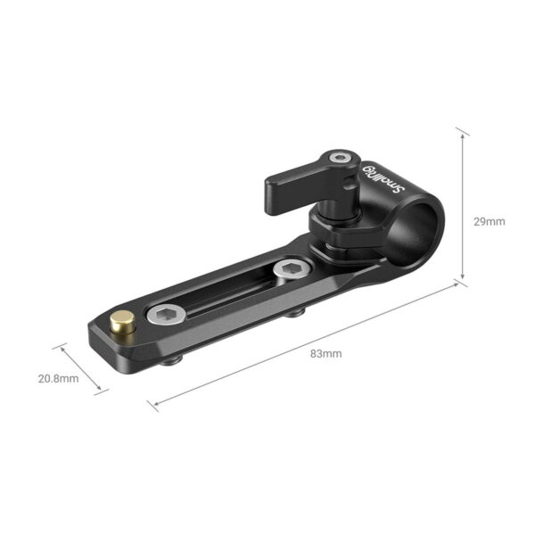 The SmallRig 3011 Rod Clamp with NATO Rail is a black metal clamp with a mounting arm, adjusting lever, grooves and screw holes. It is 29 mm high, 83 mm long and 20.8 mm wide.