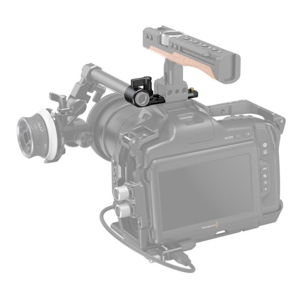 The SmallRig 3011 Rod Clamp with NATO Rail features a semi-transparent camera body with accessories such as a large lens and a wooden top handle.