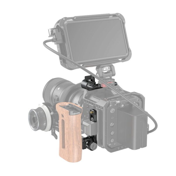 SmallRig 3011 Rod Clamp with NATO Rail is pictured attached to a professional video camera rig with a large lens, external display, wooden side handle and various cables on a white background.