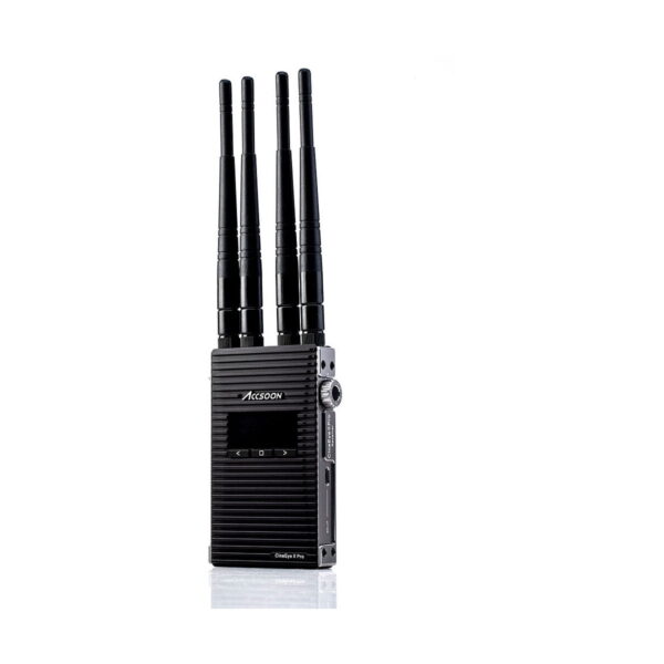 Accsoon CineEye 2 PRO 2.4 & 5GHz WiFi Transmitter HDMI on musta langaton videolaite, jossa on kolme korkeaa antennia, pieni näyttö ja ohjauspainikkeet, jotka näkyvät pystyssä valkoisella pohjalla.