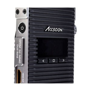 Lähikuva Accsoon CineEye 2 PRO 2.4 & 5GHz WiFi Transmitter HDMI -lähettimestä, jossa näkyy sen uurrettu rakenne, näyttö, navigointi- ja virtapainikkeet sekä merkityt portit, kuten HDMI OUT ja OFDM 4x4 MIMO Dual-Band.