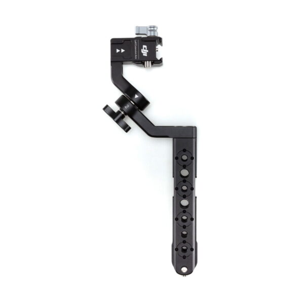 DJI R Twist Grip Dual Handle for RS 2 & RSC 2 on musta, L-muotoinen metallinen kiinnitysteline, jossa on useita pyöreitä reikiä ja säätönupit, jotka on suunniteltu lisävarusteiden tai laitteiden kiinnittämiseen.