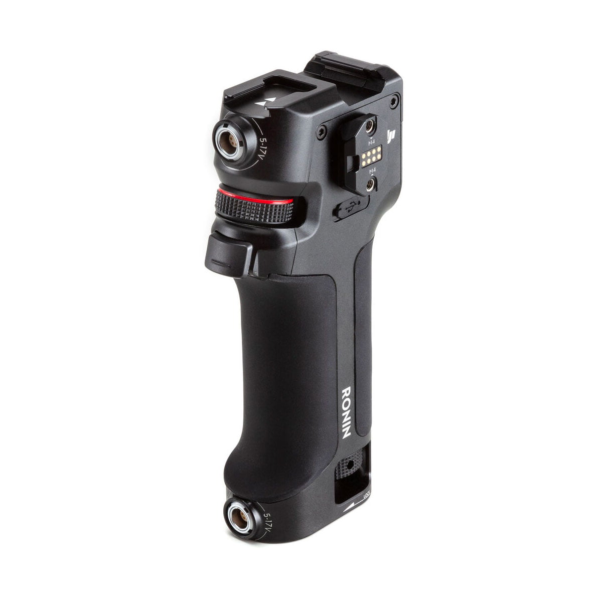Musta DJI Tethered Control Handle RS 2:lle, jossa on "RONIN"-brändi sekä useita painikkeita, säätimiä ja liitäntäportteja kädensijassa.