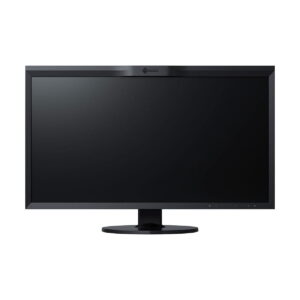 Eizo_31_1_ColorEdge_CG319X_17_9_Hardware_Calibration_IPS_Monitor_005 Eizo 31,1" ColorEdge CG319X 17:9 Hardware Calibration IPS -näyttö on musta litteä näyttö, jossa on ohuet kehykset ja pyöreä pohja valkoista taustaa vasten.